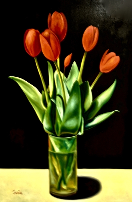 Carmelo Sortino Canadian Artist Flowers Red On Black Tulips